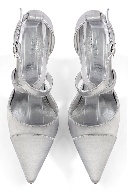 Light silver women's open side shoes, with crossed straps. Pointed toe. High slim heel. Top view - Florence KOOIJMAN